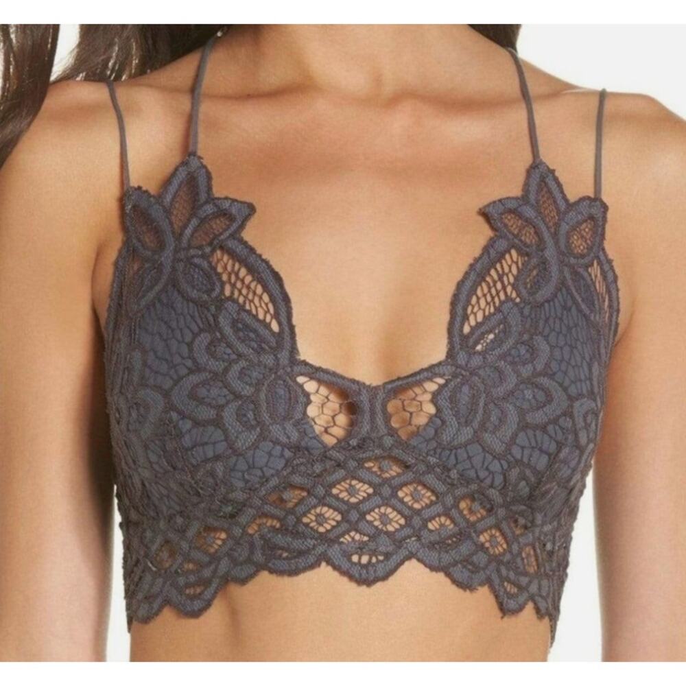 New Free People Adella Bralette Dark Grey Women's XS Fairy Lace Boho Festival